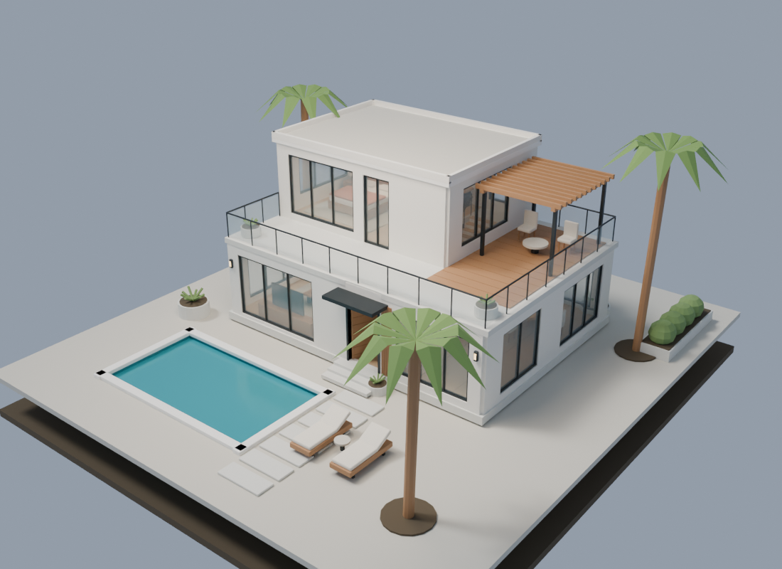 A Sodapop-generated two-story house with a pool, terrace and furnished interior